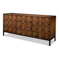 Close side view of sideboard with geometric design.