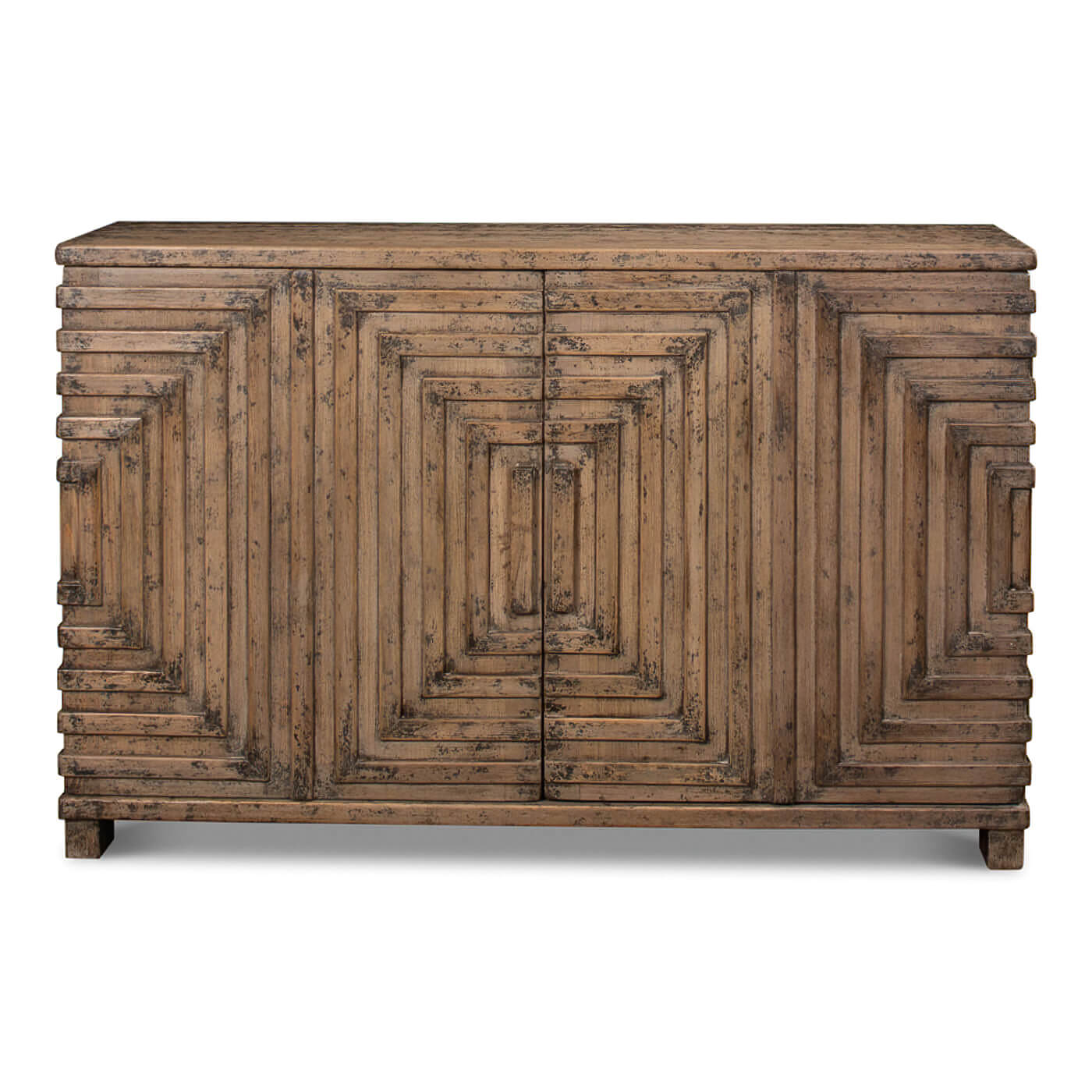 Front view of modern geometric two-door cabinet.