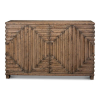 Front view of modern geometric two-door cabinet.