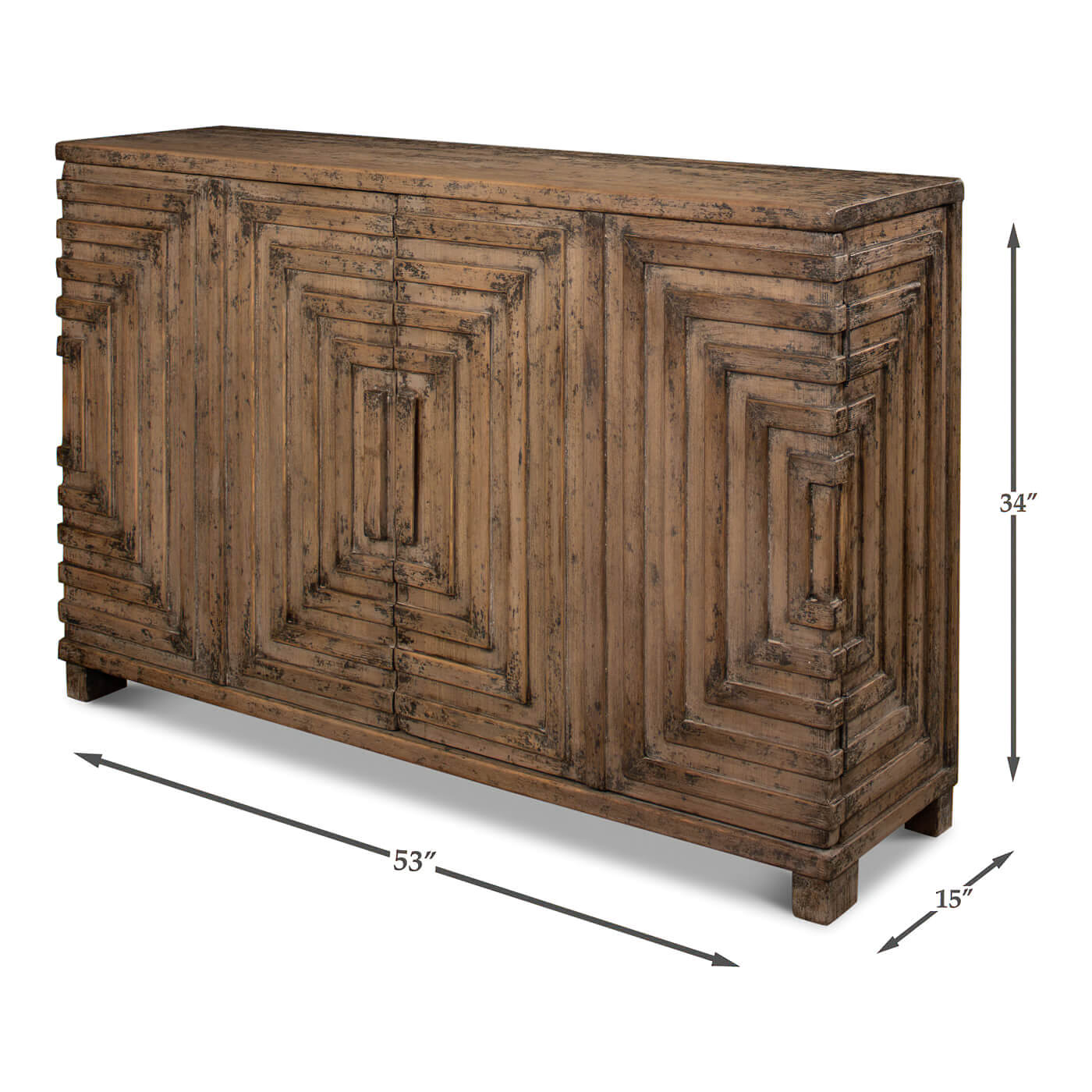 Dimensions of modern geometric two-door cabinet displayed.