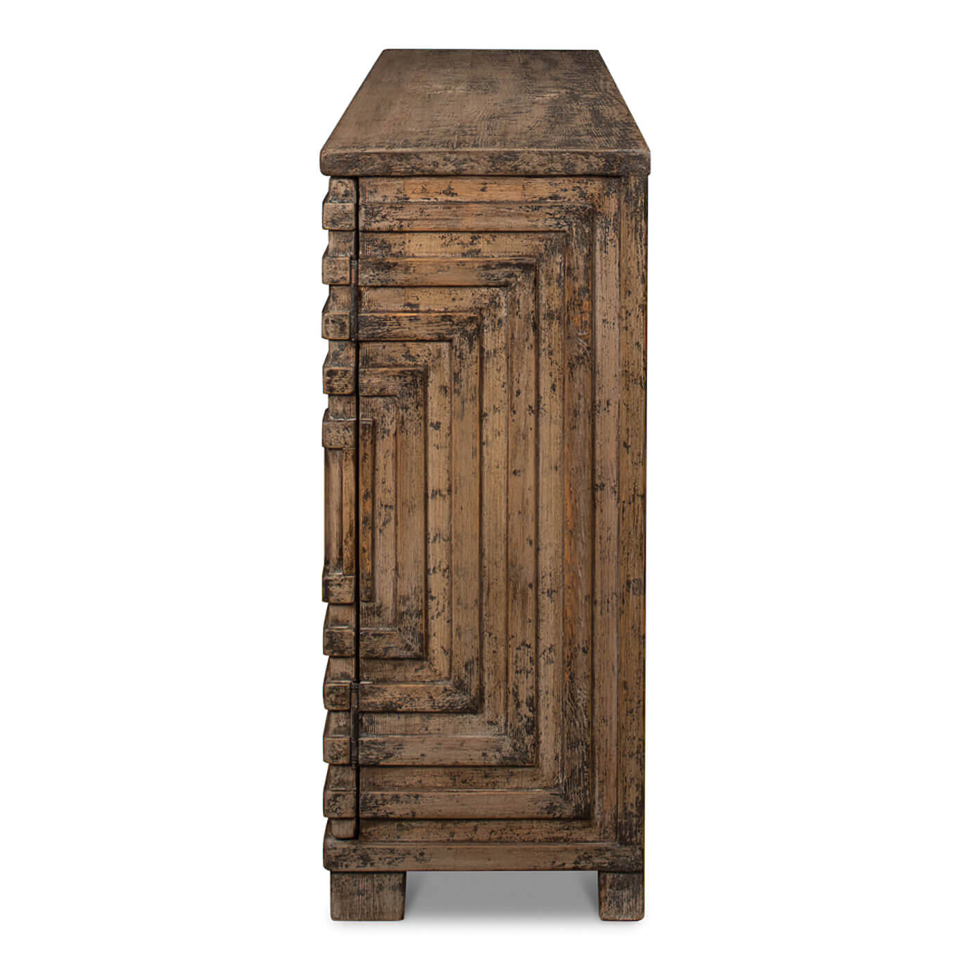 Side view of modern geometric two-door cabinet.