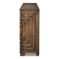 Side view of modern geometric two-door cabinet.
