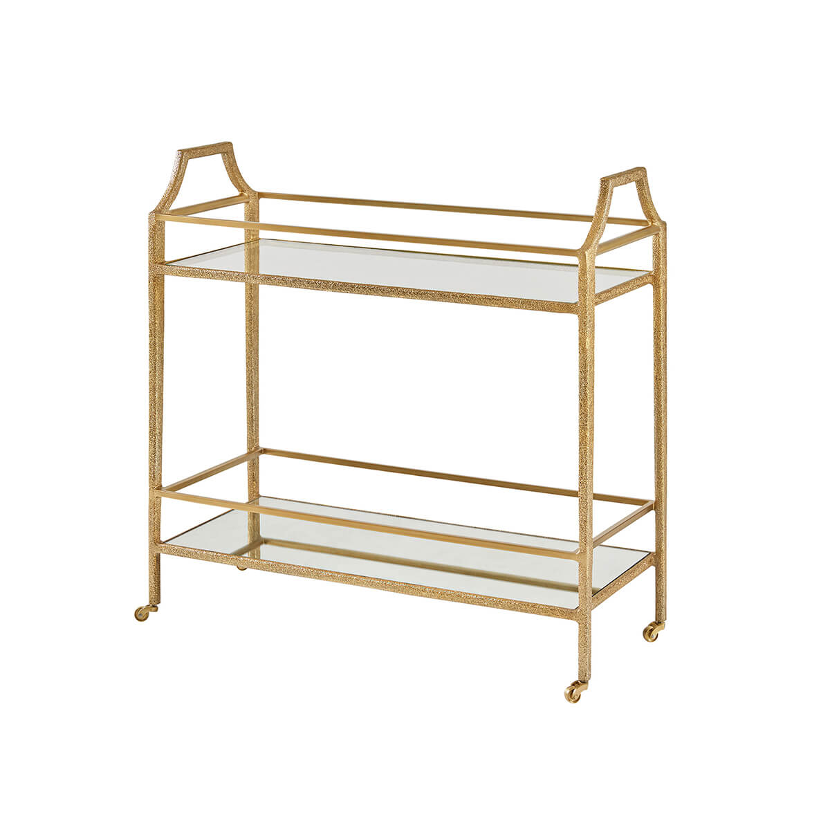 Gold bar cart with two glass shelves.