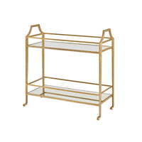 Gold bar cart with two glass shelves.
