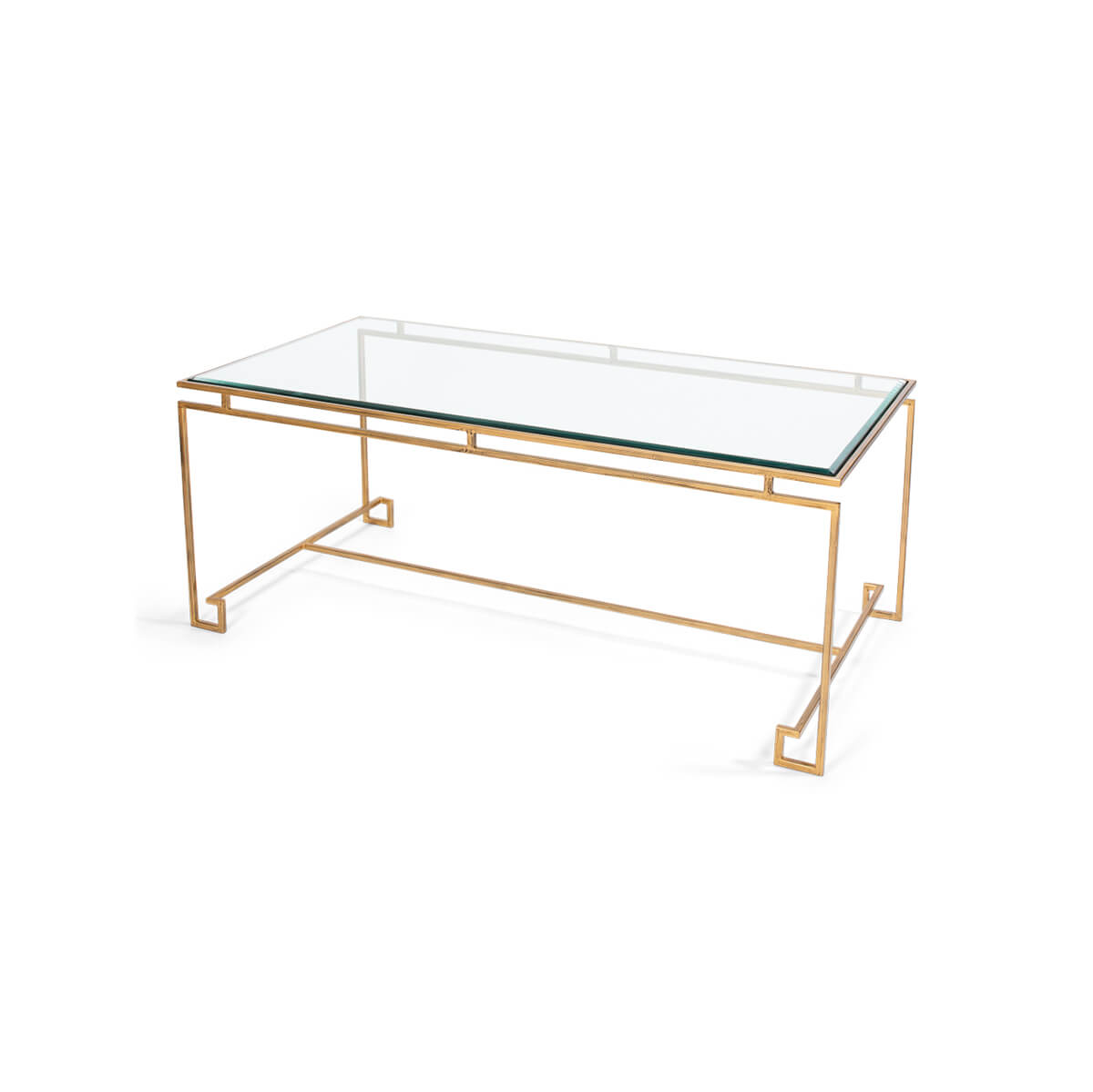 Glass top cocktail table, angled perspective.