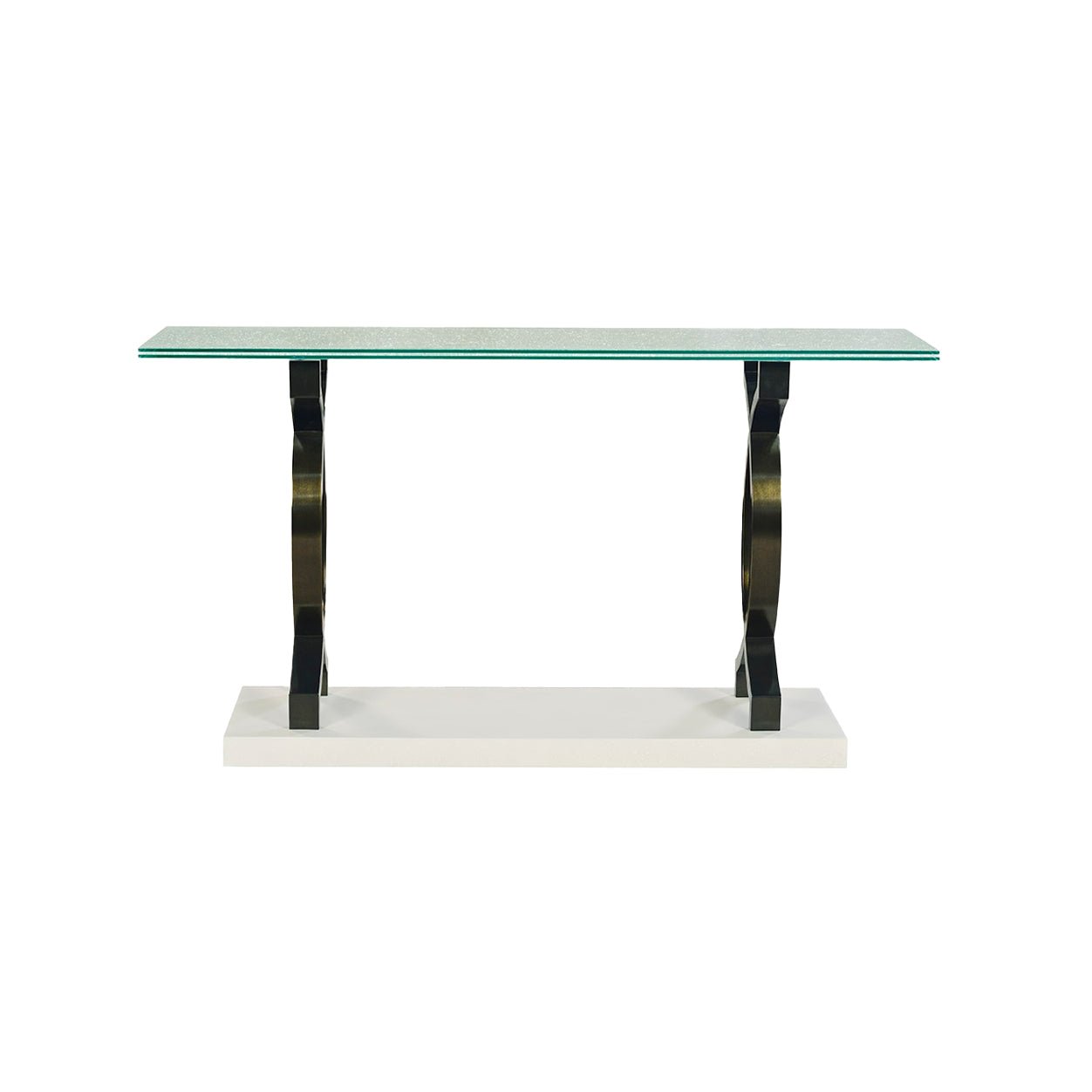 Front view of modern console table with sleek design.