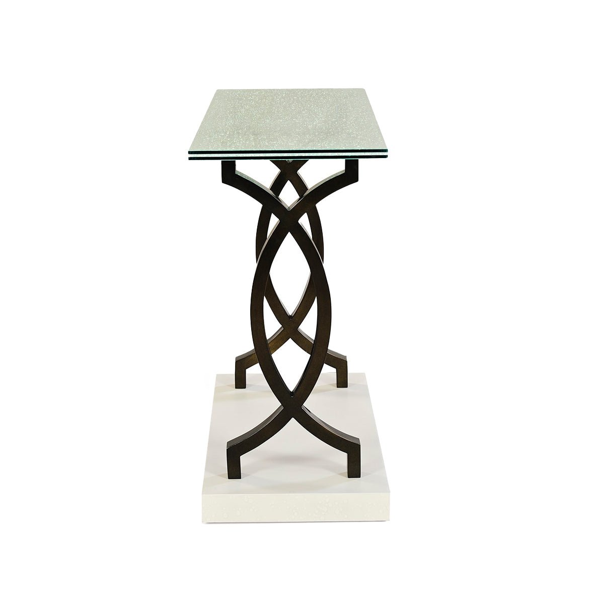Side view of console table showing intricate base.
