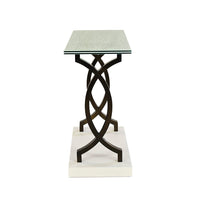 Side view of console table showing intricate base.