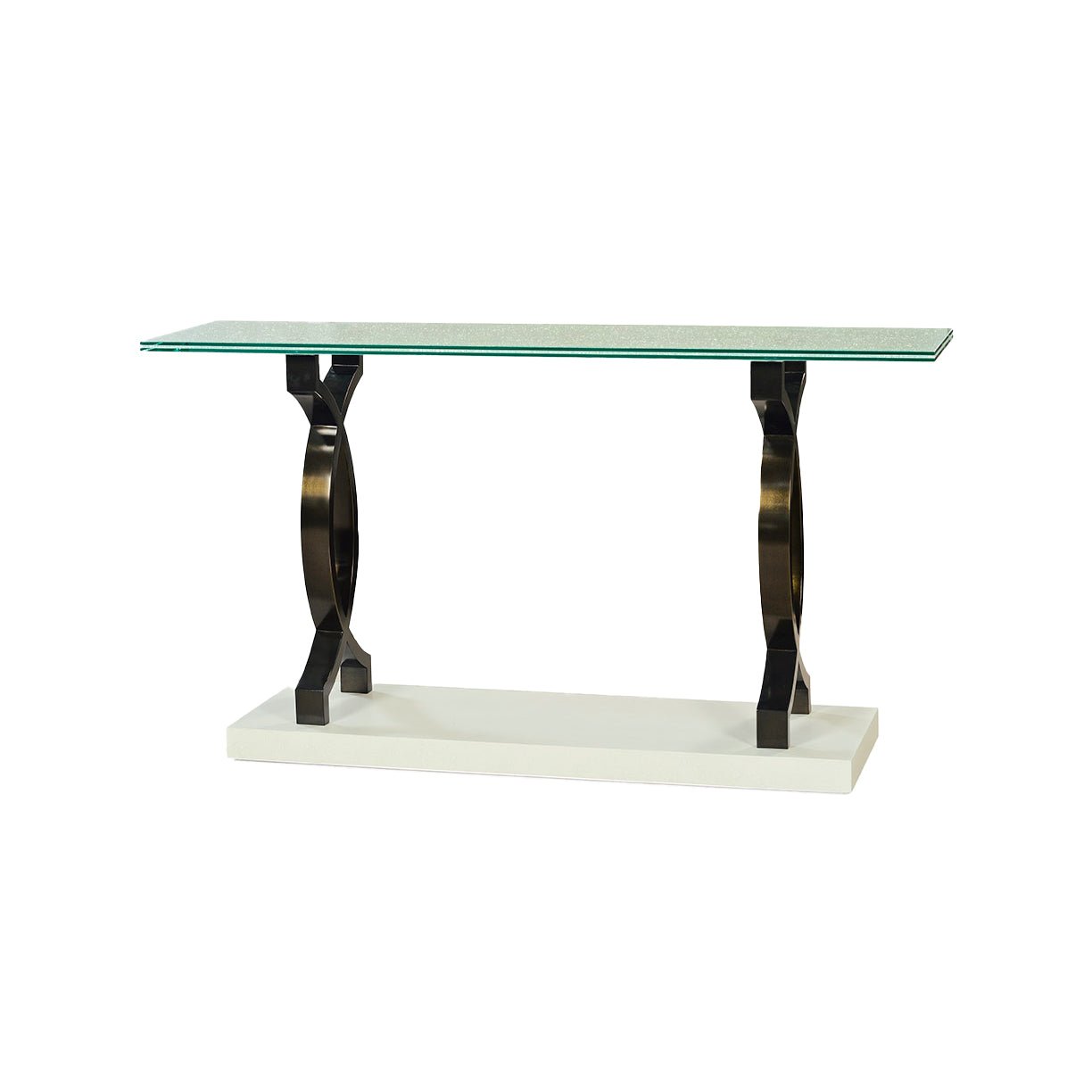 Modern console table angled view with glass top.