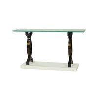 Modern console table angled view with glass top.