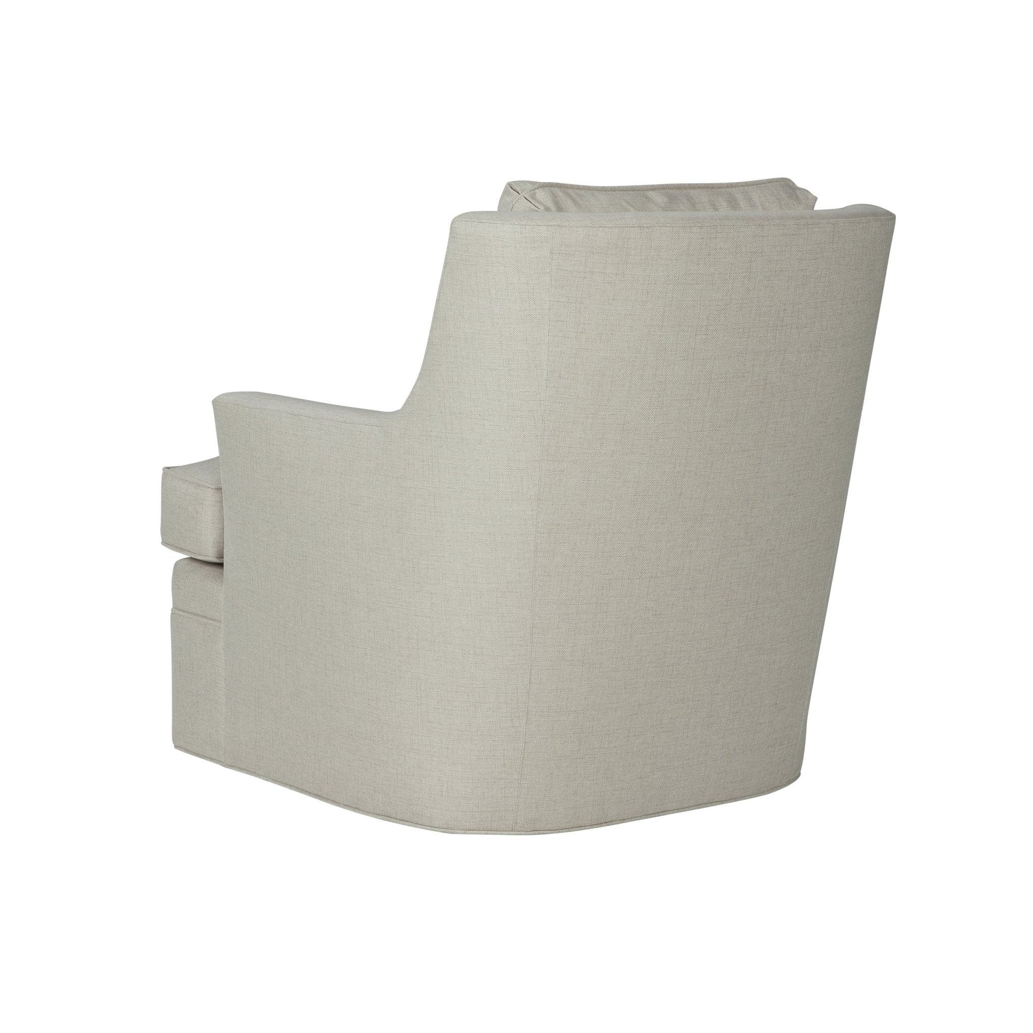 Beige modern armchair with cushion, back view.