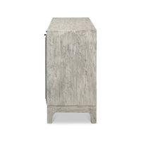 Side profile of modern gray geometric sideboard.
