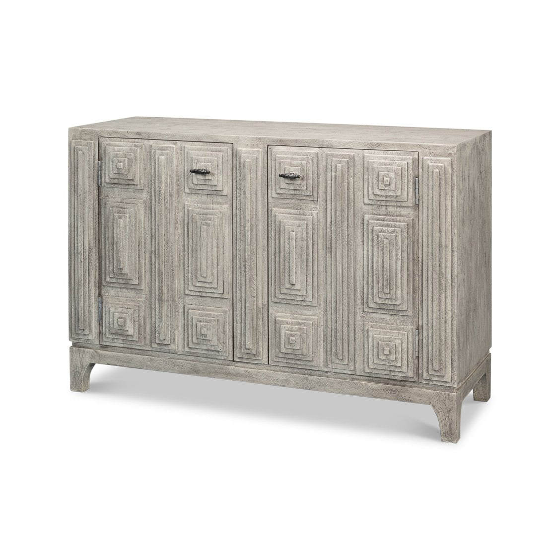 Angled view of modern gray geometric sideboard.