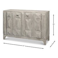 Dimensions of modern gray geometric sideboard shown.