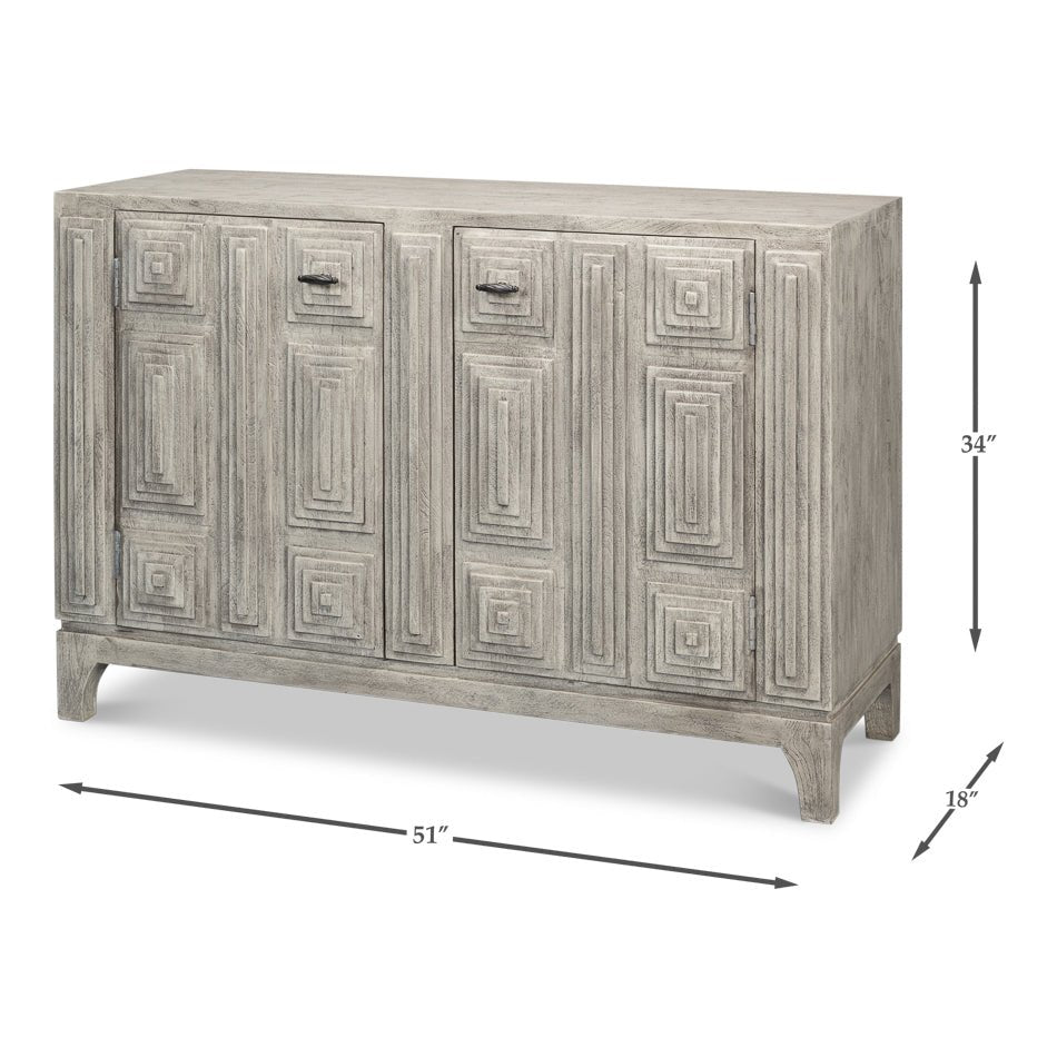 Dimensions of modern gray geometric sideboard shown.
