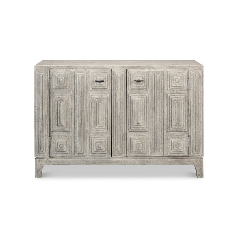 Front view of modern gray geometric sideboard.