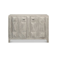 Front view of modern gray geometric sideboard.