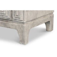 Leg design of modern gray geometric sideboard.