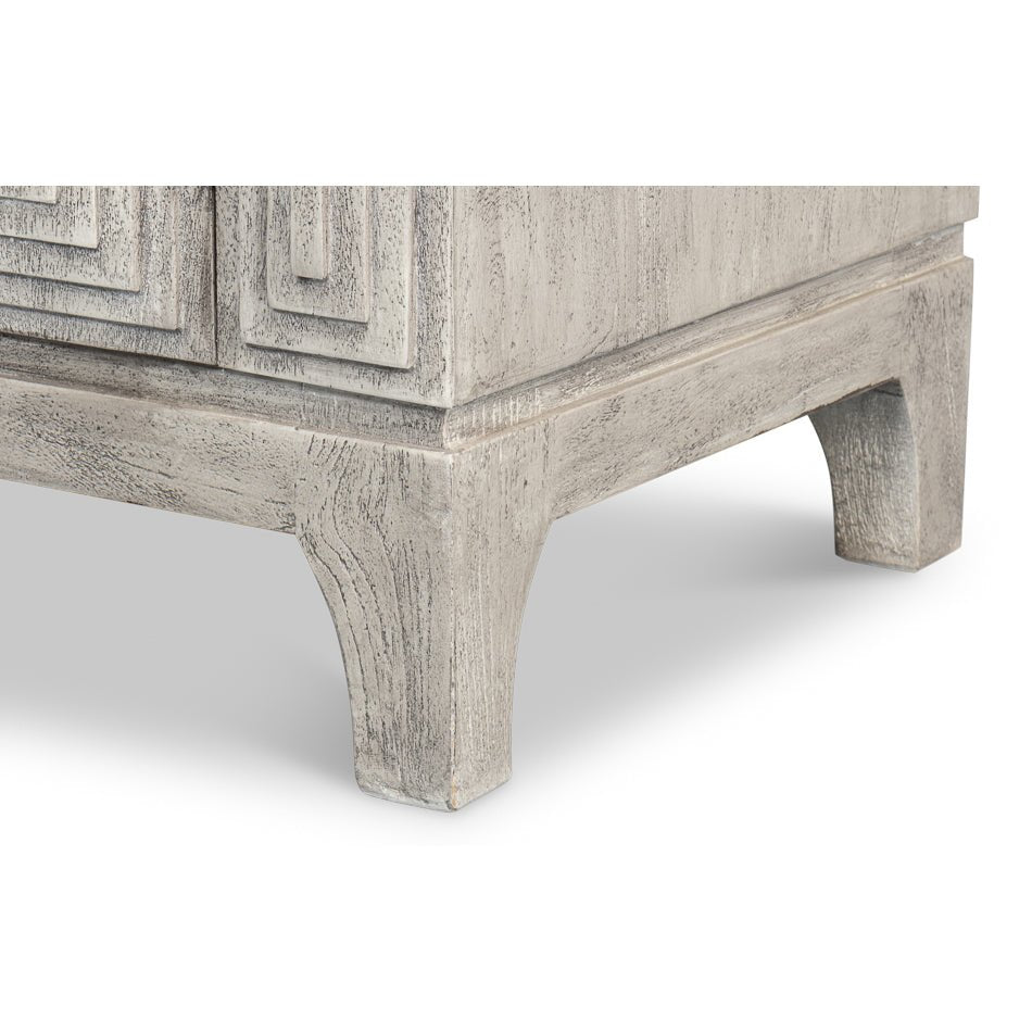 Leg design of modern gray geometric sideboard.