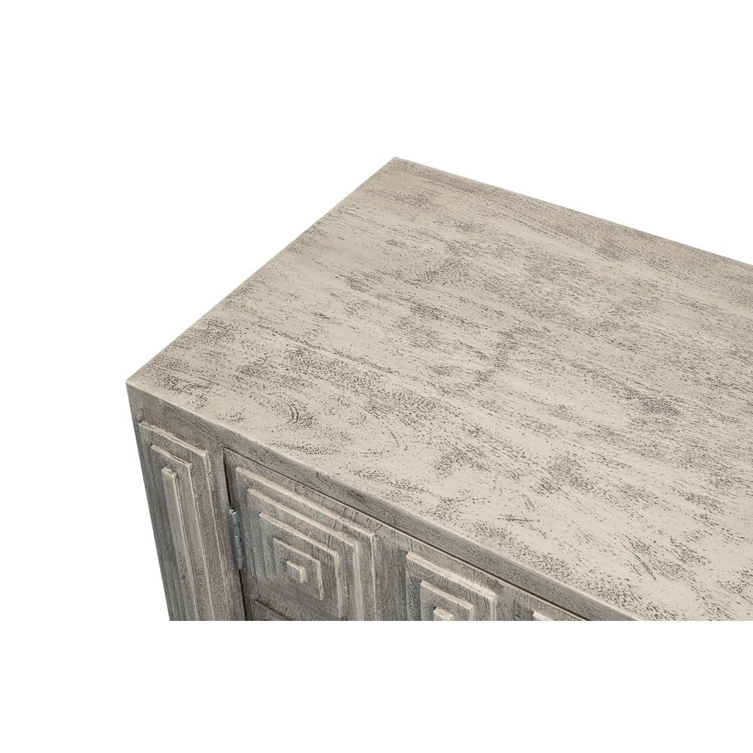 Top surface of modern gray geometric sideboard.