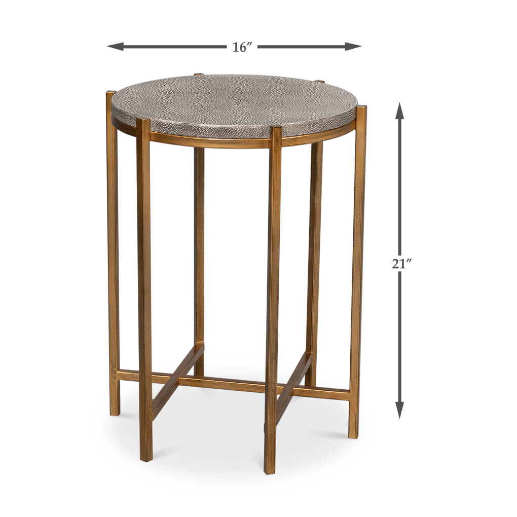 Dimension illustration of gray leather top accent table.