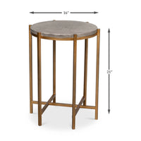 Dimension illustration of gray leather top accent table.