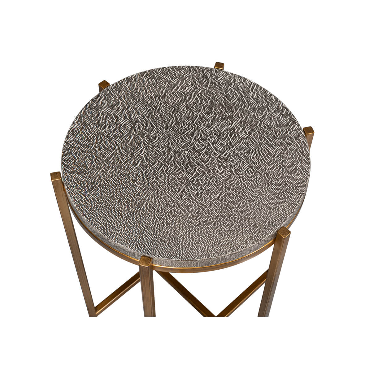Top view of textured gray leather accent table.