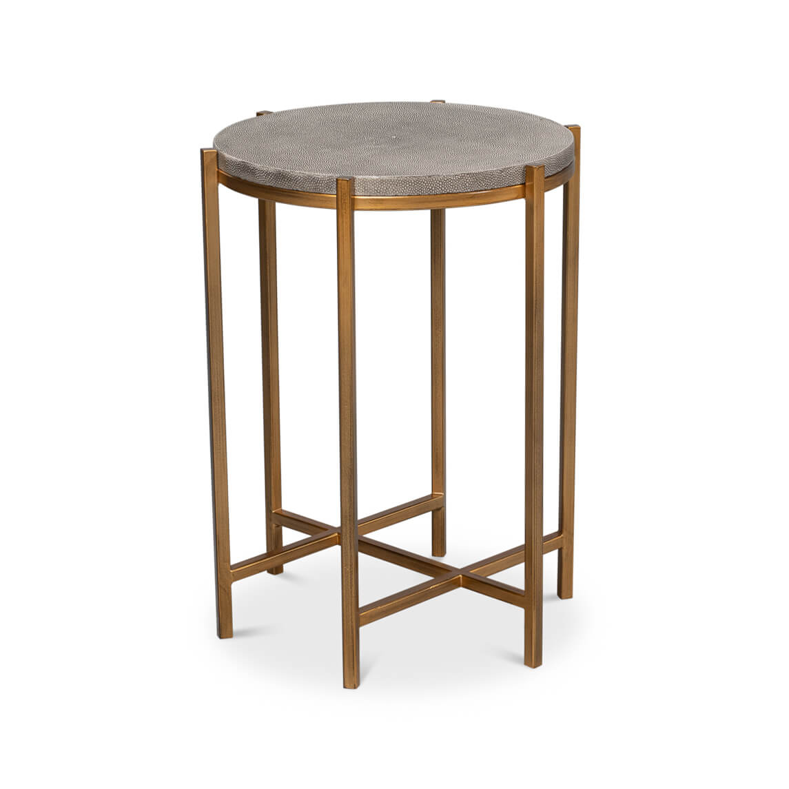 Side view of leather top accent table.