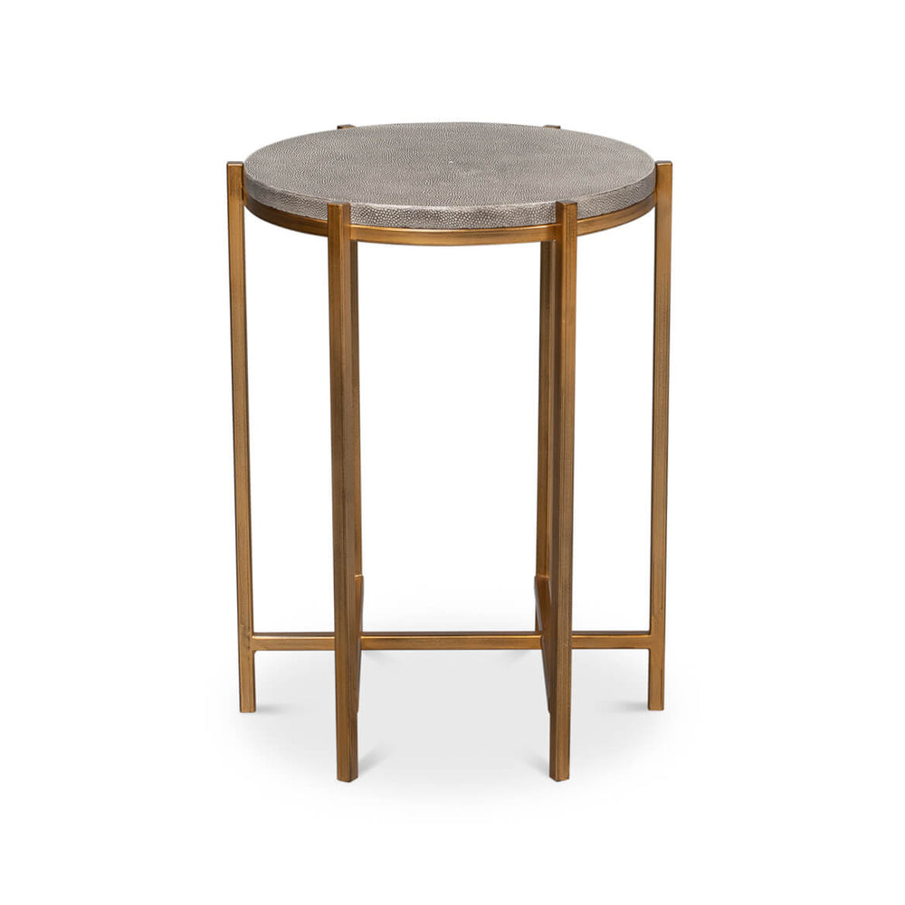 Round accent table with gray leather top, front view.