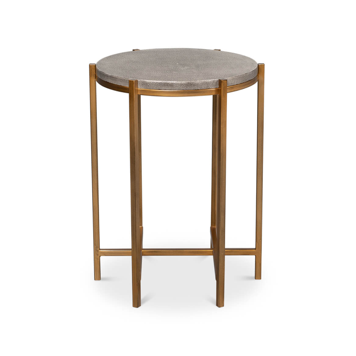 Round accent table with gray leather top, front view.