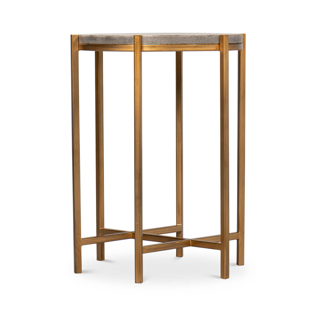 Back view of modern gray leather top accent table.