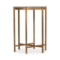 Back view of modern gray leather top accent table.