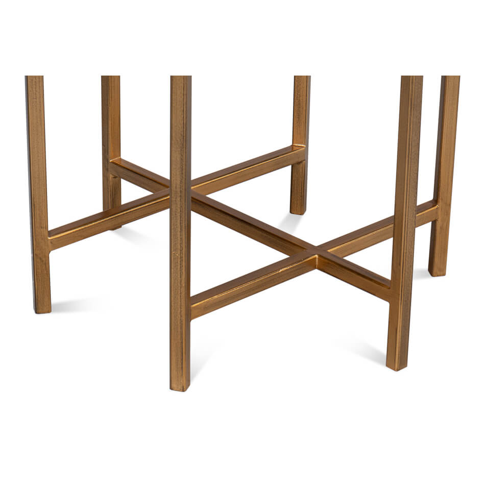 Close-up of table's metal legs and cross support.