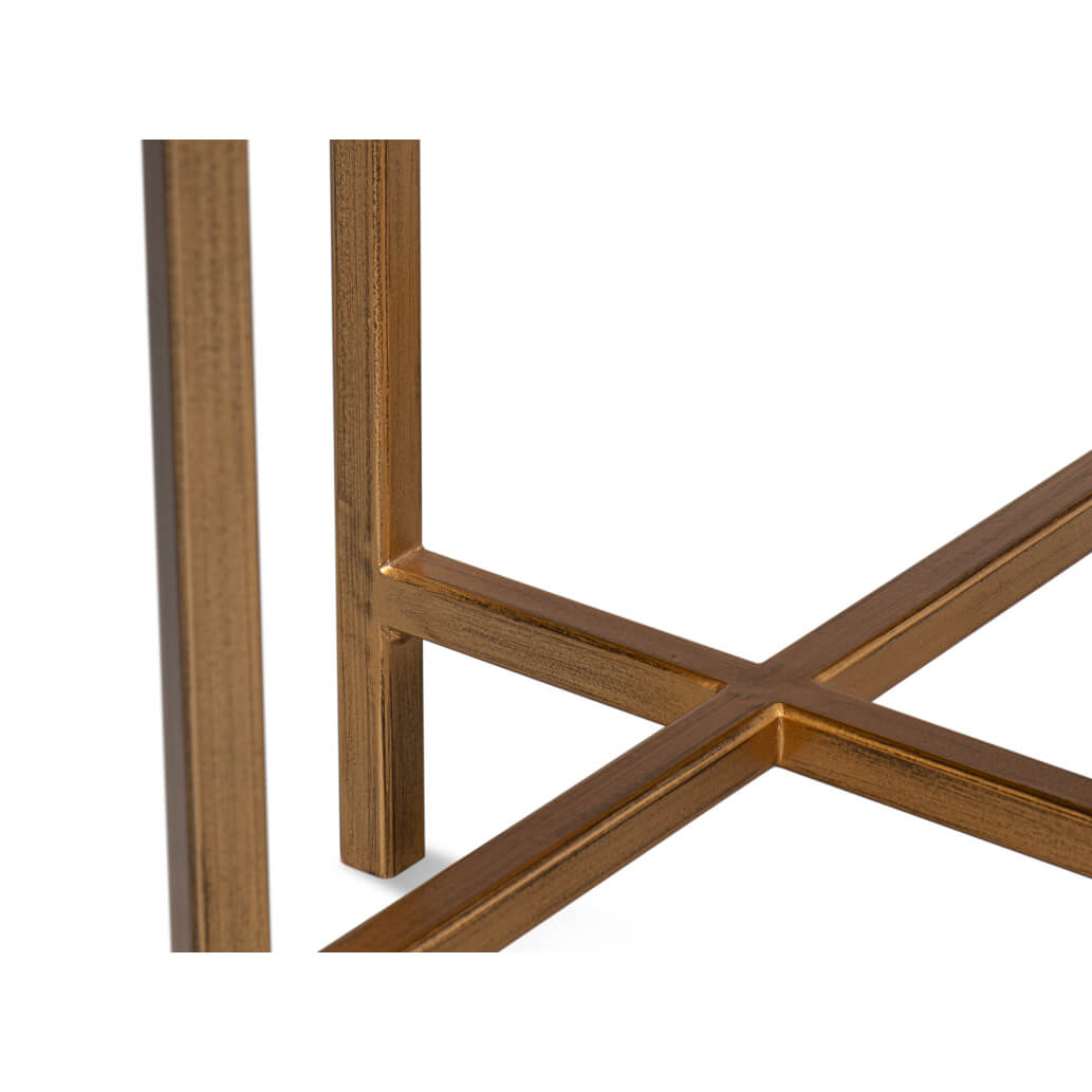 Detailed view of metal leg structure on accent table.