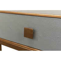 Drawer handle on modern gray nightstand close-up