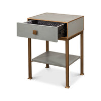 Modern gray nightstand with drawer open