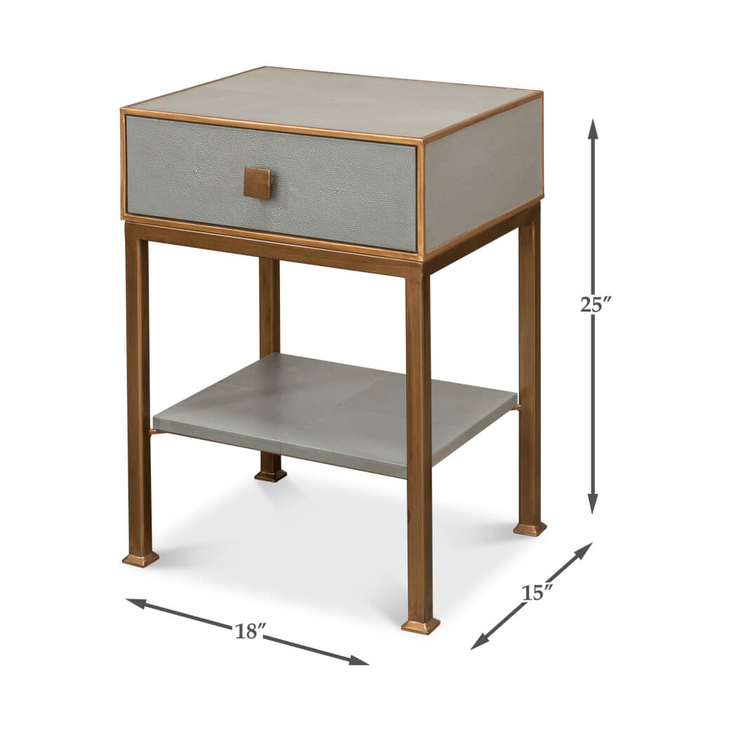 Dimensions indicated on modern gray nightstand