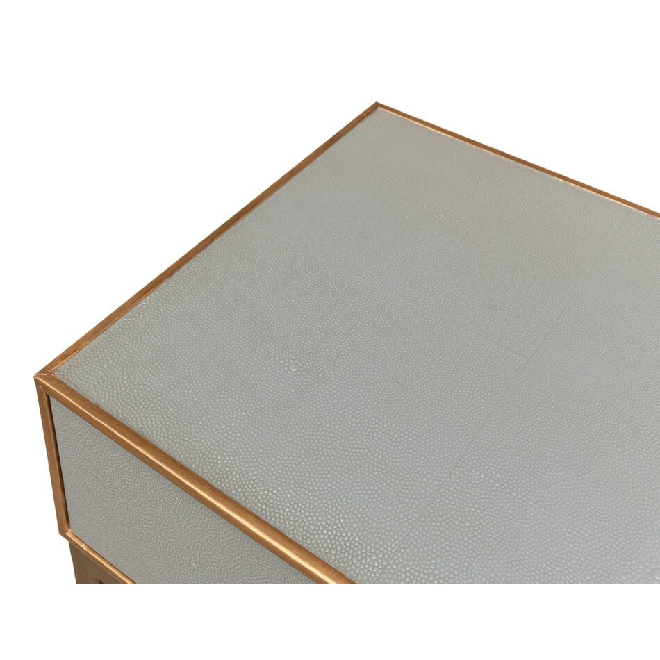Corner detail of modern gray nightstand top