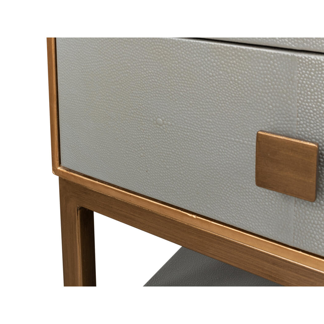 Close-up corner and leg detail gray nightstand.