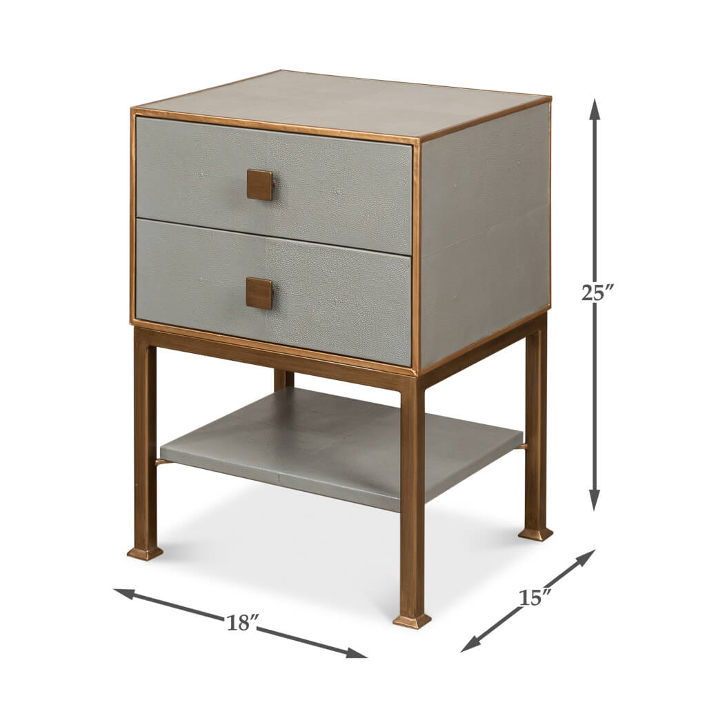 Dimensions of gray two drawer nightstand illustrated.