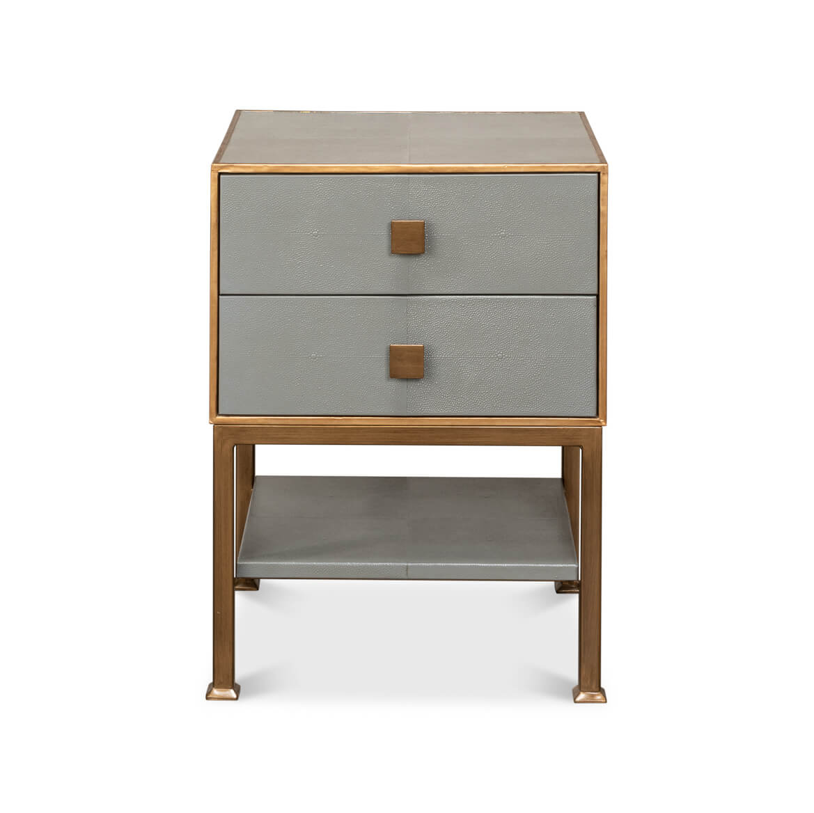 Front view gray nightstand with two closed drawers.
