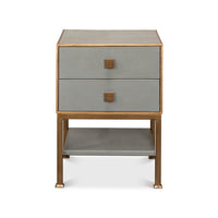 Front view gray nightstand with two closed drawers.
