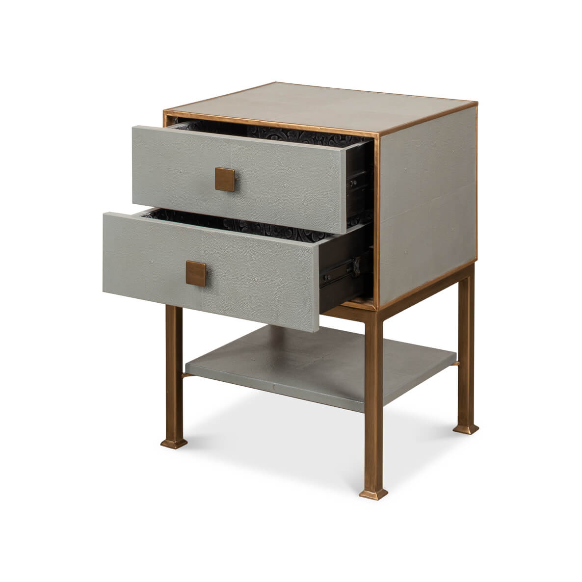Open drawers gray nightstand showing interior design.