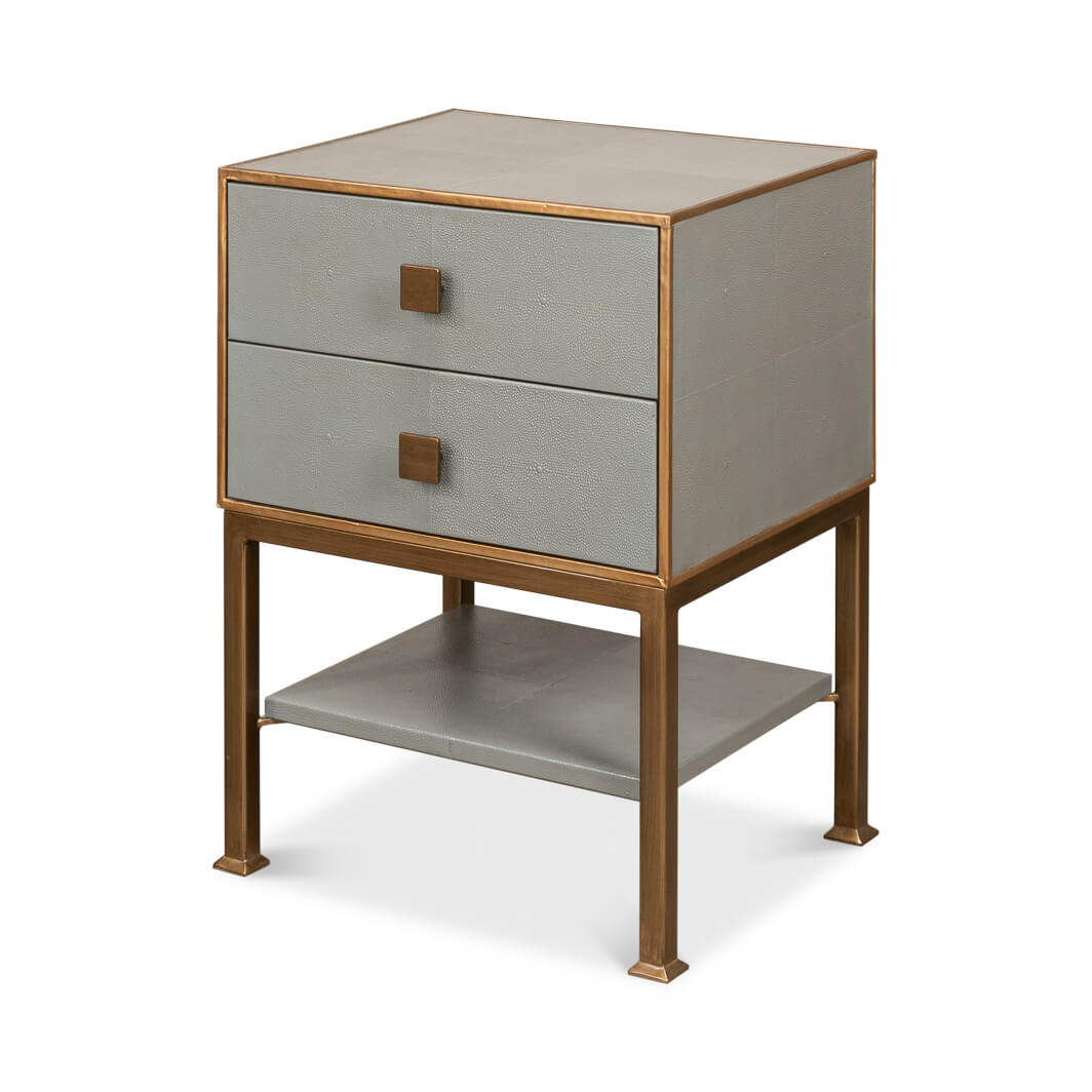 Angled view gray two drawer nightstand with shelf.
