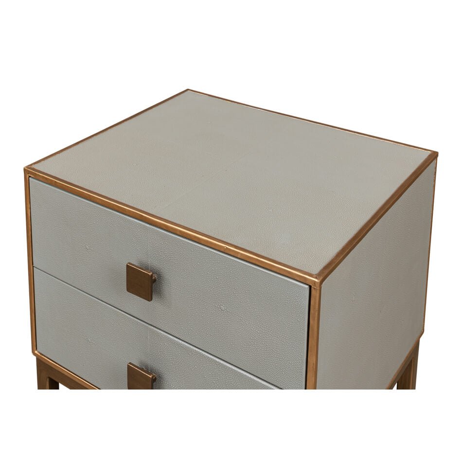 Close-up top surface and drawer detail nightstand.