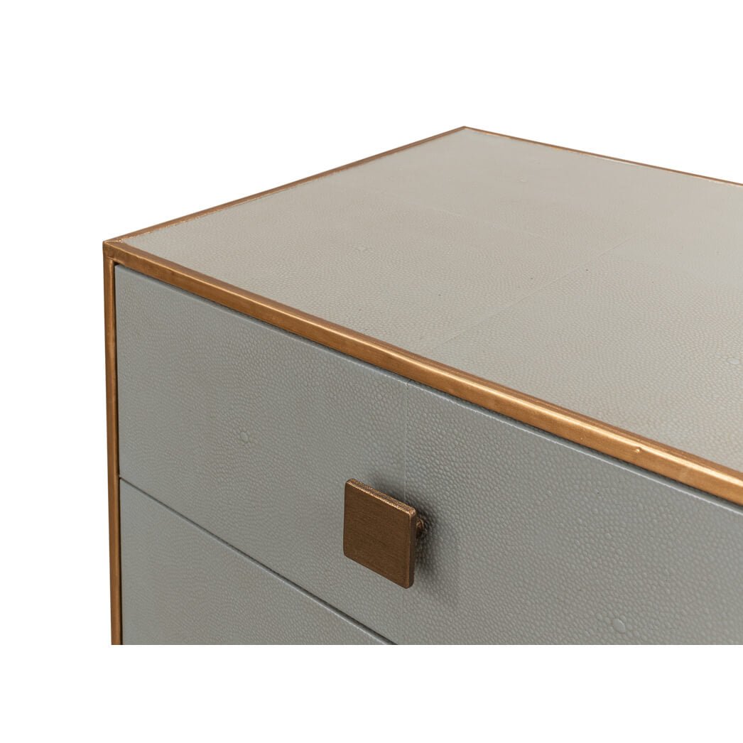Close-up drawer handle detail gray nightstand.