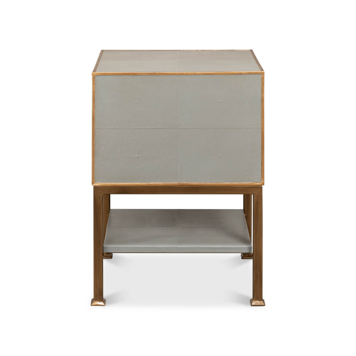 Back view of gray two drawer nightstand.