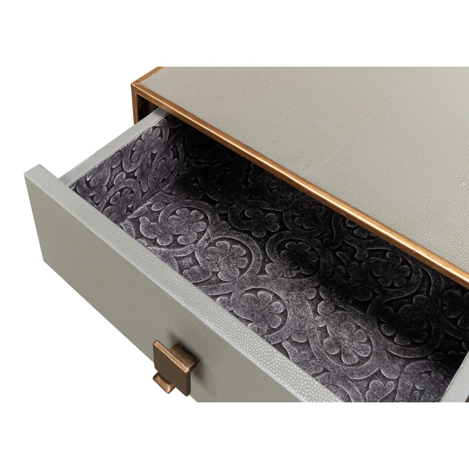 Open drawer interior pattern detail nightstand.