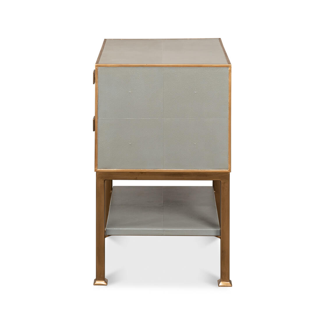Side view gray nightstand with two drawers.