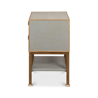 Side view gray nightstand with two drawers.